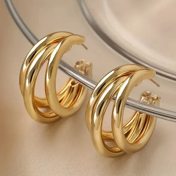 Earrings Triple Hoop Gold Glam Classy Stylish Minimalist Trendy Simple Sexy New - Picture 2 of 7
